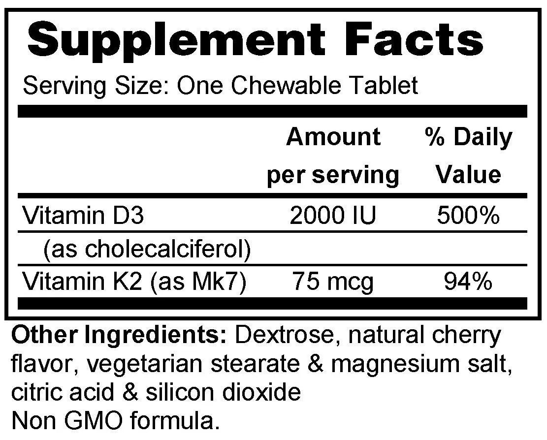 Vitamin D3 2000 IU & K2: (Chewable)